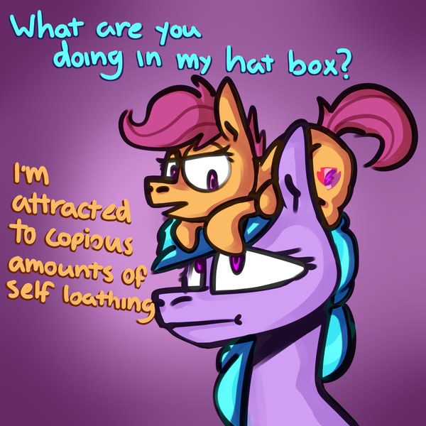 Size: 3000x3000 | Tagged: artist:gyroido, azure velour, cutie mark, derpibooru import, pony hat, safe, scootaloo, self loathing, the cmc's cutie marks