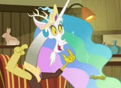 Size: 1245x905 | Tagged: cropped, derpibooru import, discord, discord's celestia face, discovery family logo, dungeons and discords, princess celestia, safe, screencap