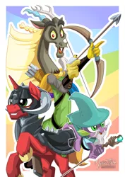 Size: 955x1351 | Tagged: safe, artist:mysticalpha, derpibooru import, big macintosh, discord, spike, draconequus, dragon, pony, unicorn, dungeons and discords, armor, arrow, bow (weapon), bow and arrow, captain wuzz, dungeons and dragons, garbuncle, helmet, horned helmet, male, ogres and oubliettes, pen and paper rpg, race swap, rpg, sir mcbiggen, stallion, trio, unicorn big mac, weapon