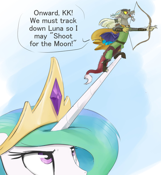 Size: 1200x1303 | Tagged: safe, artist:silfoe, derpibooru import, discord, princess celestia, alicorn, draconequus, pony, dungeons and discords, arrow, bow (weapon), bow and arrow, captain wuzz, cay-cay, celestia is not amused, clothes, dialogue, discord being discord, duo, female, floppy ears, frown, glare, gradient background, male, mare, micro, open mouth, princess celestia is not amused, size difference, smiling, that was fast, trollcord, unamused, wat, weapon