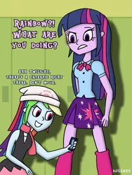 Size: 1200x1600 | Tagged: safe, artist:djgames, derpibooru import, rainbow dash, twilight sparkle, equestria girls, clothes, dawn (pokémon), mobile phone, phone, pleated skirt, pokémon, pokémon go, rainbow dash always dresses in style, skirt, smartphone, socks