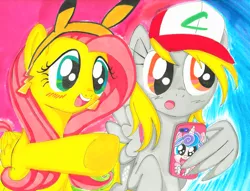 Size: 2162x1648 | Tagged: safe, artist:zephyrshy, derpibooru import, derpy hooves, fluttershy, princess flurry heart, pegasus, pony, female, hat, mare, mobile phone, phone, pokémon, pokémon go, smartphone, wing hands, wings