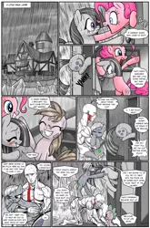 Size: 1266x1920 | Tagged: safe, artist:pencils, derpibooru import, limestone pie, marble pie, pinkie pie, spike, oc, oc:anon, oc:mascara maroon, dragon, earth pony, human, pony, comic:anon's pie adventure, :t, angry, bandage, bipedal, blood, blushing, butt touch, cartoon physics, comic, continuity, cross-popping veins, eyes closed, female, floppy ears, frown, glare, grin, gritted teeth, holding a pony, hoof on butt, human male, kneeling, male, mare, open mouth, pinkie being pinkie, pinkie physics, pulling, pushing, rain, rump push, shy, smiling, stuck, wet, wet mane