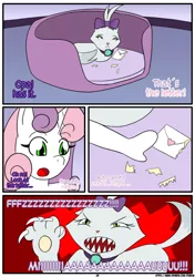 Size: 1226x1742 | Tagged: :<, angry, anthro, artist:otakon, claws, comic, comic:the belle and the fat, derpibooru import, dialogue, fangs, female, glare, incest, lesbian, letter, love letter, :o, opalescence, open mouth, patreon, raribelle, raricest, rarity, sad, safe, sharp teeth, shipping, sweetie belle, teeth, unhappy