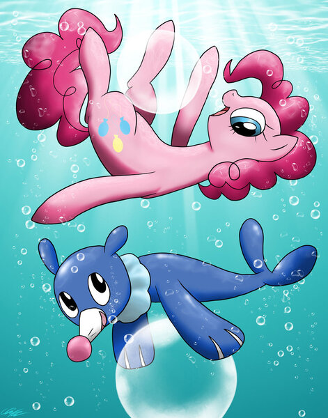 Size: 900x1146 | Tagged: artist:wolftendragon, crossover, derpibooru import, pinkie pie, pokémon, pokémon sun and moon, popplio, safe, underwater