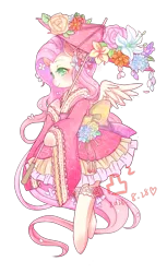 Size: 868x1417 | Tagged: safe, artist:sugarcubeee, derpibooru import, fluttershy, pony, bipedal, clothes, dress, flower, flower in hair, holding, obi (clothing), simple background, socks, solo, spread wings, transparent background, umbrella, wings