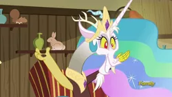 Size: 1280x720 | Tagged: cute, derpibooru import, discord, discord's celestia face, discovery family logo, discute, draconequus, dungeons and discords, grin, male, princess celestia, safe, screencap, smiling, solo