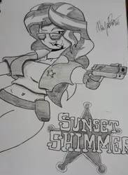 Size: 1024x1399 | Tagged: safe, artist:missmayaleanne, derpibooru import, sunset shimmer, equestria girls, belly button, clothes, gun, midriff, monochrome, sherriff's deputy, solo, sunglasses, traditional art, weapon