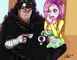 Size: 2179x1695 | Tagged: animated, artist:manhunterj, berserk, clothes, crossover, derpibooru import, fluttershy, gif, giving up the ghost, guts (berserk), human, humanized, safe, sweater, sweatershy
