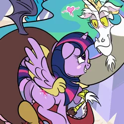 Size: 800x800 | Tagged: safe, artist:creepycurse, derpibooru import, discord, princess celestia, twilight sparkle, twilight sparkle (alicorn), alicorn, pony, dungeons and discords, blushing, butt, discolight, discord's celestia face, female, heart, implied, implied discolight, implied twicord, implying, male, plot, shipping, solo, spread wings, straight, tail, transformation, wingboner, wings
