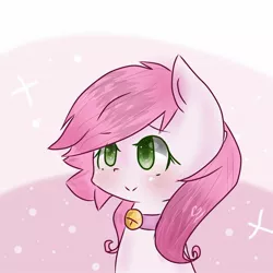 Size: 1444x1444 | Tagged: safe, artist:windymils, derpibooru import, oc, oc:tendril, unofficial characters only, earth pony, pony, :>, bell, bell collar, blushing, bubble, bust, collar, colored pupils, cute, digital art, female, gradient background, green eyes, heart, mare, ocbetes, pink background, pink fur, pink hair, pink mane, portrait, simple background, smiling, solo, sparkles, starry eyes, wingding eyes