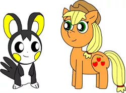 Size: 1024x754 | Tagged: applejack, artist:measffymon-sarah, crossover, derpibooru import, emolga, pokémon, safe