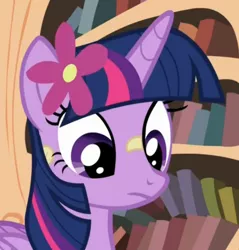 Size: 500x522 | Tagged: safe, derpibooru import, screencap, twilight sparkle, twilight sparkle (alicorn), alicorn, pony, twilight time, cropped, cute, flower, flower in hair, solo