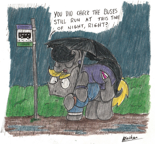 Size: 1656x1534 | Tagged: safe, artist:bobthedalek, derpibooru import, oc, oc:mixed melody, oc:octavia's father, oc:octavia's mother, oc:ostinato melody, unofficial characters only, earth pony, pony, bus stop, carrying, clothes, dress, rain, suit, this will end in a long walk home, traditional art, umbrella, you dun goofed