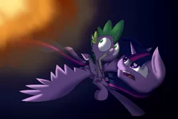 Size: 2743x1828 | Tagged: safe, artist:supercoco142, derpibooru import, spike, twilight sparkle, twilight sparkle (alicorn), alicorn, pony, explosion