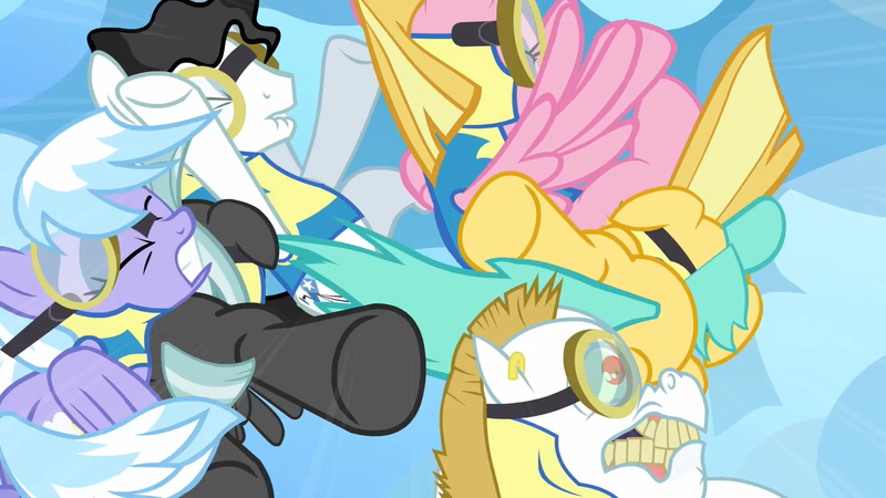 Size: 1280x720 | Tagged: safe, derpibooru import, screencap, bulk biceps, cloudchaser, meadow flower, mercury, starry eyes (character), sunshower raindrops, thunderlane, pony, wonderbolts academy