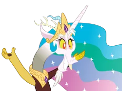 Size: 4859x3644 | Tagged: artist:sketchmcreations, derpibooru import, discord, discord's celestia face, dungeons and discords, imitation, mocking, princess celestia, safe, simple background, smiling, transparent background, vector