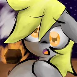 Size: 960x960 | Tagged: safe, artist:melanie-violet, derpibooru import, derpy hooves, pegasus, pony, female, fire, i just don't know what went wrong, mare, solo