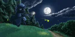 Size: 2000x1000 | Tagged: safe, artist:da-exile, derpibooru import, princess luna, alicorn, firefly (insect), insect, pony, atg 2016, butterfly net, cloud, female, forest, grass, missing accessory, moon, mouth hold, newbie artist training grounds, night, outdoors, running, s1 luna, sky, solo, stars, tree