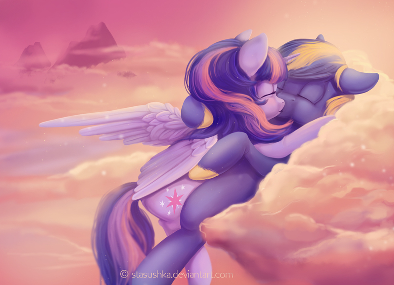 Size: 1500x1085 | Tagged: safe, artist:stasushka, derpibooru import, twilight sparkle, twilight sparkle (alicorn), oc, oc:zephyr, alicorn, pony, canon x oc, cloud, kissing, shipping, twiphyr