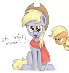 Size: 1554x1643 | Tagged: safe, artist:manual-monaro, derpibooru import, applejack, derpy hooves, earth pony, pegasus, pony, accessory swap, accessory theft, angry, applejack is not amused, applejack wants her hat back, applejack's hat, close enough, clothes, cosplay, costume, cowboy hat, crossover, dialogue, female, floppy ears, freckles, frown, glare, hat, hatless, it's high noon, jesse mccree, lidded eyes, looking at you, mare, missing accessory, open mouth, overwatch, scarf, simple background, sitting, smiling, smirk, this will end in angry countryisms, this will end in pain, this will end in pain and/or angry countryisms, towel, unamused, white background, you had one job