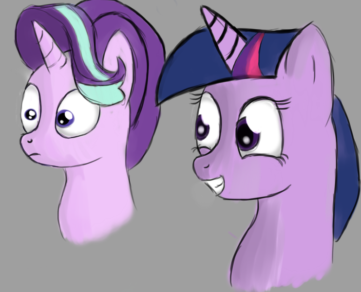 Size: 1280x1037 | Tagged: safe, artist:itsthinking, derpibooru import, starlight glimmer, twilight sparkle, twilight sparkle (alicorn), alicorn, pony, bust, grin, portrait, smiling, surprised