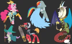 Size: 6542x4000 | Tagged: safe, artist:twigpony, derpibooru import, big macintosh, discord, pinkie pie, rainbow dash, spike, dragon, earth pony, pegasus, pony, unicorn, dungeons and discords, arrow, bard pie, bow (weapon), captain wuzz, dungeons and dragons, female, garbuncle, levitation, magic, male, mare, ogres and oubliettes, open mouth, pen and paper rpg, race swap, rainbow rogue, rpg, simple background, sir mcbiggen, stallion, sword, telekinesis, unicorn big mac, wand, weapon