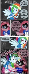 Size: 925x2336 | Tagged: semi-grimdark, artist:ponymaan, derpibooru import, pinkie pie, rainbow dash, pony, comic:lyra-lyra's bizarre adventure, equestria girls, rainbow rocks, american mcgee's alice, comic, fight, human ponidox, jojo's bizarre adventure, mcgee's pinkie, pain, pinkamena diane pie, ponied up, self ponidox, species swap, sucker punch, text