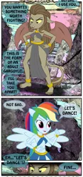 Size: 925x1978 | Tagged: suggestive, artist:ponymaan, derpibooru import, queen haydon, rainbow dash, gargoyle, comic:lyra-lyra's bizarre adventure, equestria girls, rainbow rocks, spoiler:comic, bocas top, breasts, comic, female, loincloth, pain, ponied up, race swap, sexy outfit, small breasts, speech bubble, text