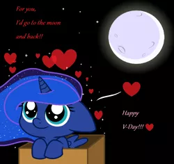 Size: 1106x1046 | Tagged: safe, artist:nightcoreamera, derpibooru import, princess luna, pony, box, cute, female, filly, heart, holiday, lunabetes, moon, pony in a box, valentine, valentine's day, valentine's day card, woona, younger