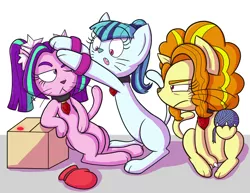 Size: 1920x1484 | Tagged: :<, adagio dazzle, aria blaze, artist:zanefir-dran, cat, catdagio, catified, cute, derpibooru import, kitten, laser pointer, leaning, nyaria blaze, one eye closed, open mouth, safe, sitting, sonata dusk, sonyata dusk, species swap, the dazzlings, trio, unamused, whiskers