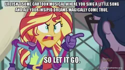 Size: 800x450 | Tagged: safe, derpibooru import, edit, edited screencap, screencap, sci-twi, sunset shimmer, twilight sparkle, equestria girls, friendship games, angry, caption, exploitable meme, frozen (movie), image macro, irony, let it go, meme, pun, quote, self deprecation, sunset yells at twilight, text, zootopia