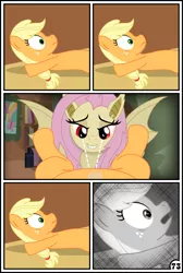 Size: 3254x4837 | Tagged: suggestive, artist:gutovi, derpibooru import, applejack, fluttershy, bat pony, earth pony, pony, comic:why me!?, absurd resolution, and then sex happened, appleshy, bat ponified, bedroom eyes, comic, eyes on the prize, female, females only, flutterbat, fluttershy's cottage, freckles, imminent cunnilingus, imminent rape, imminent sex, implied rape, lesbian, lip bite, looking down, mare, monochrome, open mouth, race swap, red eyes, shipping, wasted