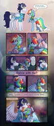 Size: 1248x2909 | Tagged: safe, artist:kikirdcz, derpibooru import, princess cadance, princess celestia, princess luna, rainbow dash, shining armor, soarin', pony, 30 day otp challenge, blushing, bridesmaid dress, clothes, comic, cute, dancing, dialogue, dress, eyes closed, female, goggles, hug, male, music, open mouth, raised hoof, shipping, soarindash, speech bubble, straight, uniform, wonderbolts dress uniform