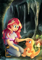 Size: 1400x2000 | Tagged: safe, artist:daughter-of-fantasy, derpibooru import, sunset shimmer, charmander, equestria girls, cave, crossover, mushroom, pokémon, waterfall