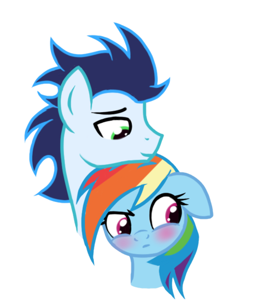 Size: 571x685 | Tagged: safe, derpibooru import, rainbow dash, soarin', pony, blushing, bust, female, male, shipping, simple background, soarindash, straight, transparent background