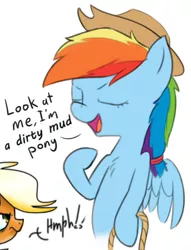 Size: 449x589 | Tagged: safe, artist:mushroomcookiebear, artist:slb94, artist:zippysqrl, derpibooru import, edit, applejack, rainbow dash, accessory theft, angry, applejack's hat, cowboy hat, faic, hat, mocking, mud pony, pony racism, racism, rainbow douche, role reversal, rope, smug, smugdash, that's racist