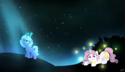 Size: 1324x768 | Tagged: safe, artist:pinkamenascratch, derpibooru import, princess celestia, princess luna, alicorn, firefly (insect), insect, pony, cewestia, crepuscular rays, cute, duo, female, filly, grin, looking up, magic, moonlight, night, open mouth, pink-mane celestia, prone, sky, smiling, squee, stars, woona, younger