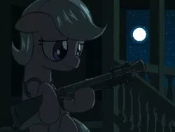 Size: 800x600 | Tagged: artist:rangelost, derpibooru import, fallout equestria, fallout equestria: the things we've handed down, fanfic art, fanfic in the description, grenade launcher, gun, moon, moonlight, night, oc, oc:plum pudding, pixel art, porch, sad, safe, unofficial characters only, weapon, worried