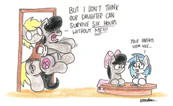 Size: 2336x1429 | Tagged: safe, artist:bobthedalek, derpibooru import, octavia melody, vinyl scratch, oc, oc:mixed melody, oc:octavia's father, oc:octavia's mother, oc:ostinato melody, earth pony, pony, unicorn, background pony, bow, carrying, deep mothering, female, filly, hair bow, male, mare, mothers gonna mother, school, stallion, traditional art, younger