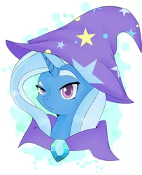 Size: 1559x1924 | Tagged: safe, artist:jonathan the awesome, derpibooru import, trixie, pony, unicorn, bust, clothes, eyebrows, female, hat, mare, portrait, simple background, solo, trixie's hat