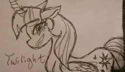 Size: 540x312 | Tagged: safe, artist:katkathasahathat, derpibooru import, twilight sparkle, twilight sparkle (alicorn), alicorn, pony, calculator tape, monochrome, smiling, solo, traditional art