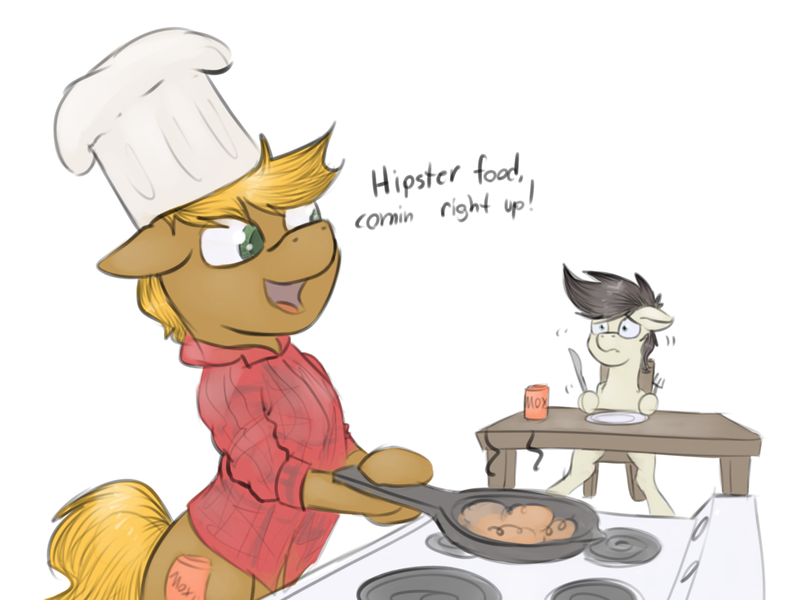 Size: 1280x965 | Tagged: artist:marsminer, chef's hat, clothes, cooking, derpibooru import, dialogue, flannel, food, fork, hat, knife, moxie soda, oc, oc:keith, oc:mox, safe, scared, skillet, table, unofficial characters only, worried