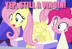 Size: 578x390 | Tagged: suggestive, derpibooru import, edit, edited screencap, screencap, fluttershy, pinkie pie, earth pony, pegasus, pony, what about discord?, caption, eyes on the prize, female, fluttering, frown, image macro, looking at something, mare, observation, open mouth, personal space invasion, surprised, text, virgin, wide eyes, wing flutter