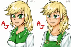 Size: 2566x1713 | Tagged: safe, artist:prk, derpibooru import, applejack, human, equestria girls, applejack (male), bun, bust, clothes, comparison, duality, equestria guys, hatless, human paradox, humanized, male, missing accessory, overalls, portrait, rule 63, solo