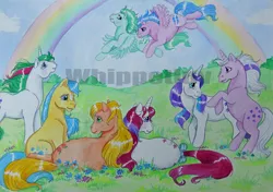 Size: 1500x1053 | Tagged: applejack (g1), artist:whippetluvpony, bow, bubbles (g1), derpibooru import, firefly, flying, g1, glory, gusty, medley, moondancer (g1), obtrusive watermark, rainbow, safe, tail bow, traditional art, twilight sparkle, watermark
