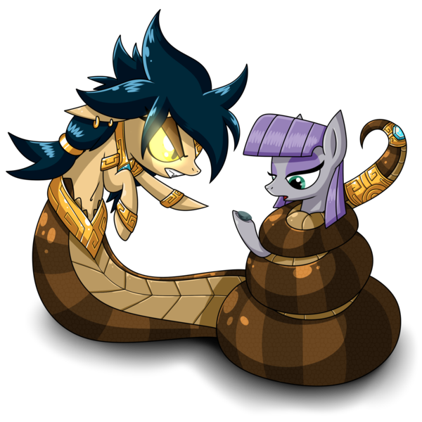 Size: 1800x1800 | Tagged: artist:spitfire740, belly button, boulder (pet), coils, constriction, derpibooru import, ear piercing, earring, glowing eyes, jewelry, lamia, maud pie, oc, oc:mystic mirage, original species, piercing, safe, squeezing