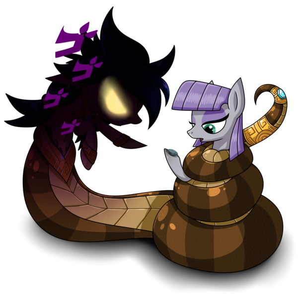 Size: 1800x1800 | Tagged: artist:spitfire740, boulder (pet), coils, constriction, derpibooru import, glowing eyes, jojo's bizarre adventure, lamia, maud pie, menacing, oc, oc:mystic mirage, onomatopoeia, original species, safe, sound effects, squeezing