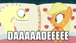 Size: 800x450 | Tagged: safe, derpibooru import, edit, edited screencap, screencap, applejack, 28 pranks later, applejack's bed partner, bed, caption, cheese, cheese (foster's home for imaginary friends), exploitable meme, food, foster's home for imaginary friends, greatest internet moments, image, mac daddy, meme, pillow, png, surprised