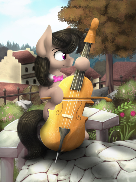 Size: 1500x2000 | Tagged: artist:blackligerth, bow (instrument), cello, cello bow, derpibooru import, digital art, garden, musical instrument, octavia melody, safe, solo, town